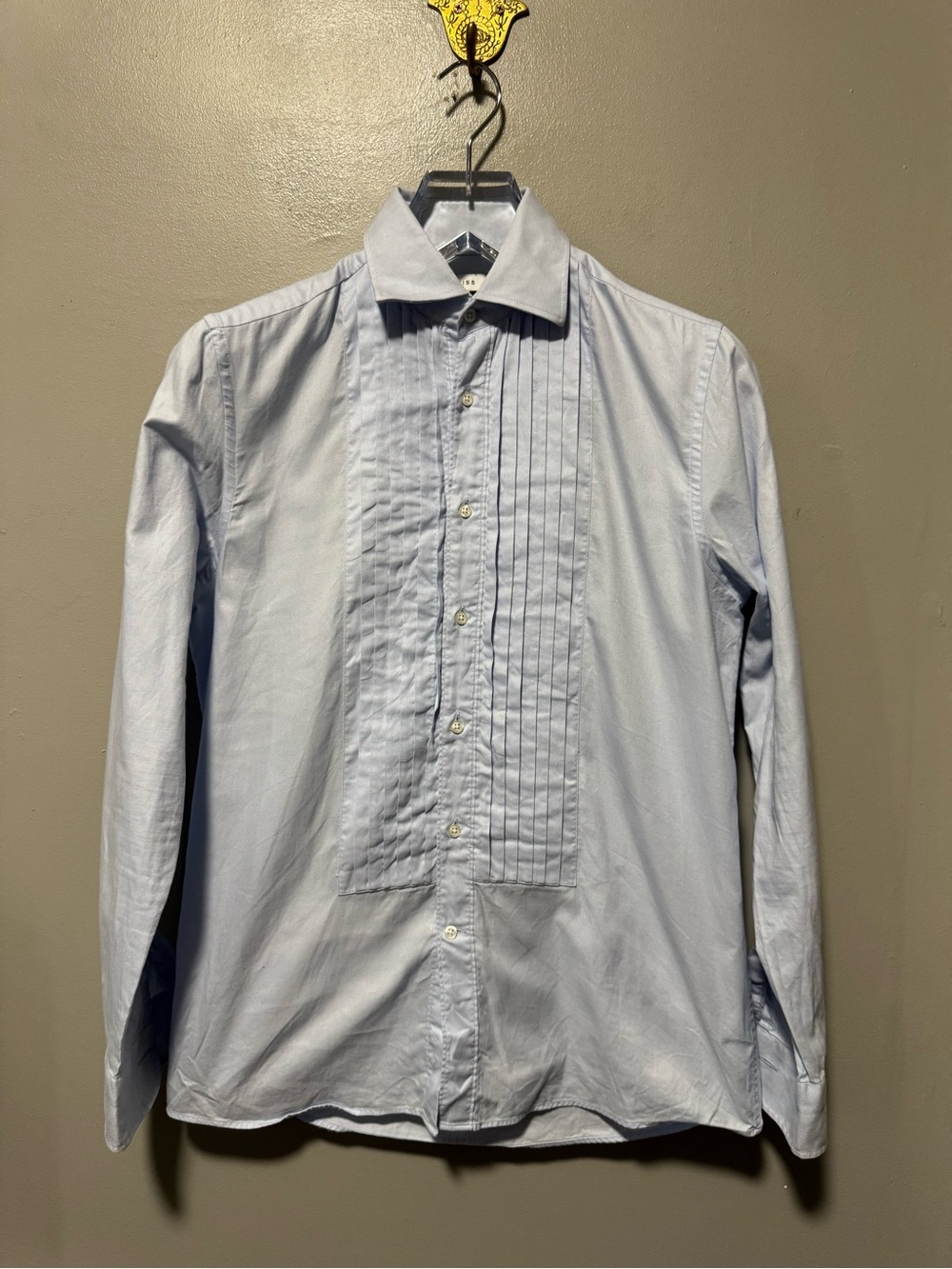 Reiss Mens Tuxedo Shirt M Light Blue Pleated Front French Cuff Cufflink Dress